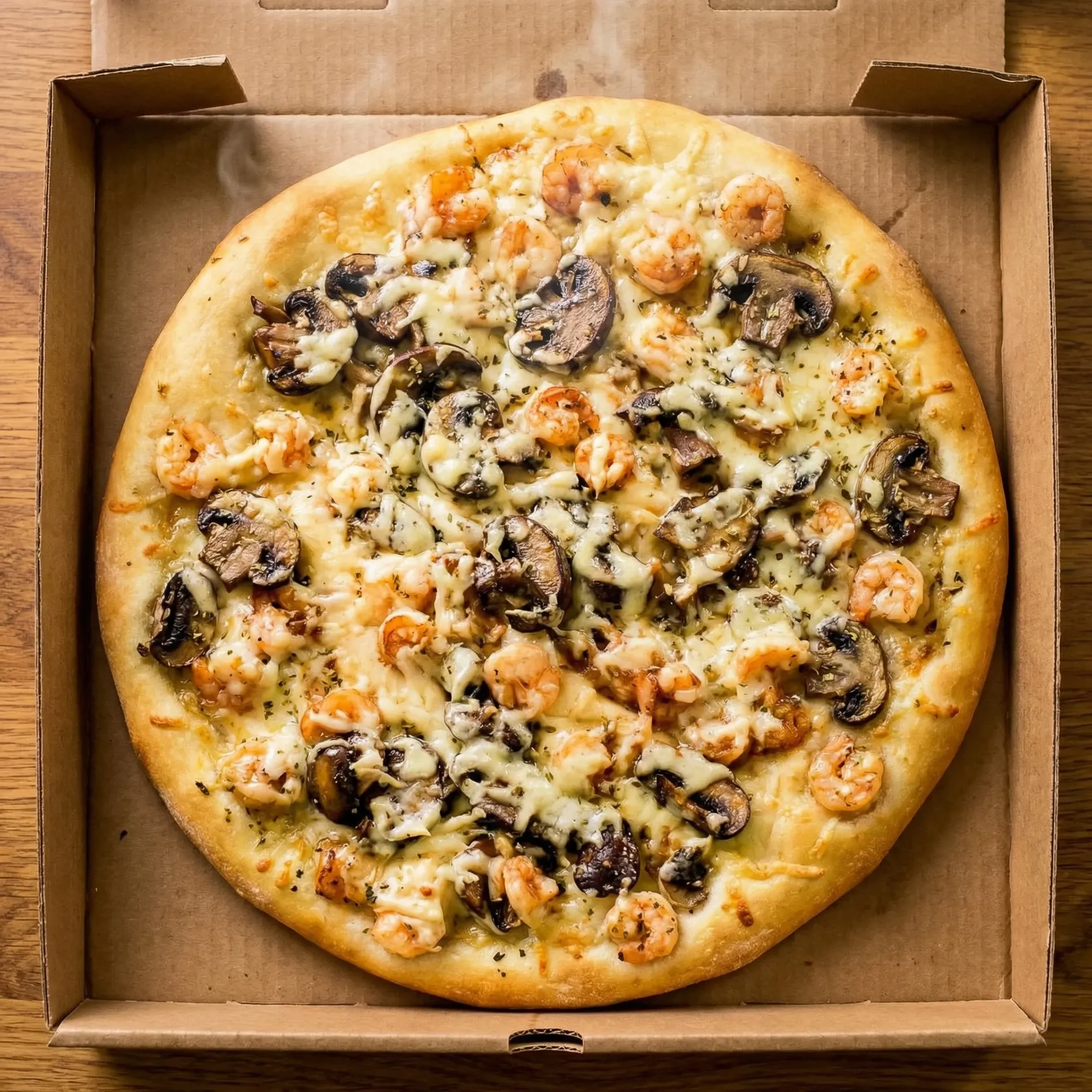 Shrimp and Mushroom Pizza at Acadia Pizza in Calgary, AB